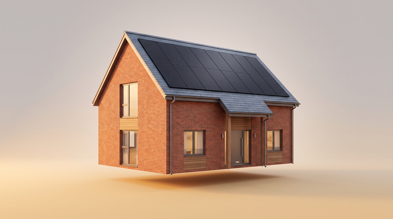 3D render of a red-brick house with solar panels fitted to the roof
